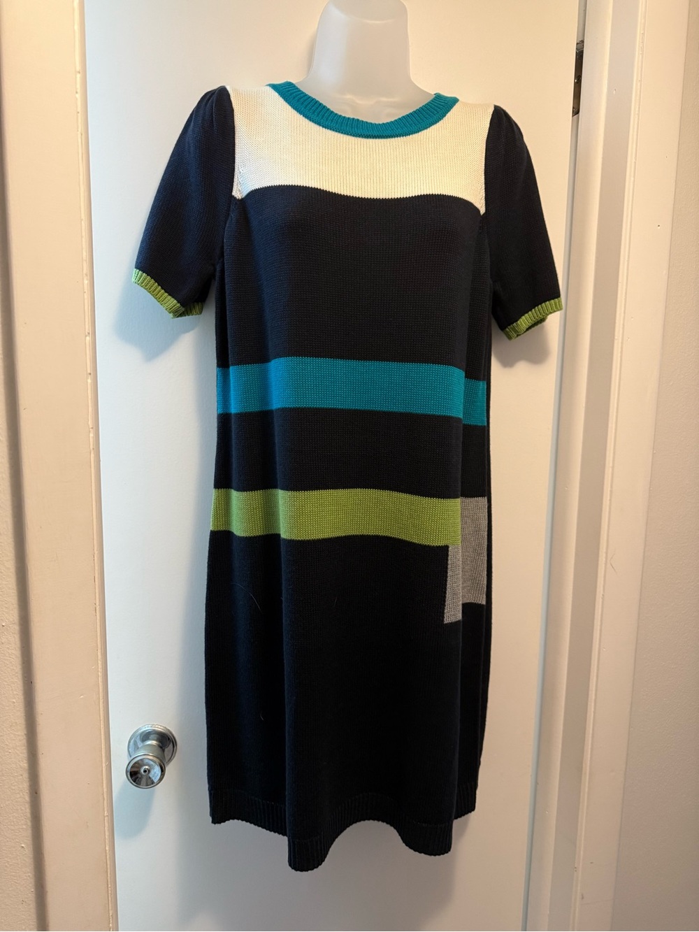 Jessica Howard Black Knit Midi Dress with Teal, Lime & White Accents
